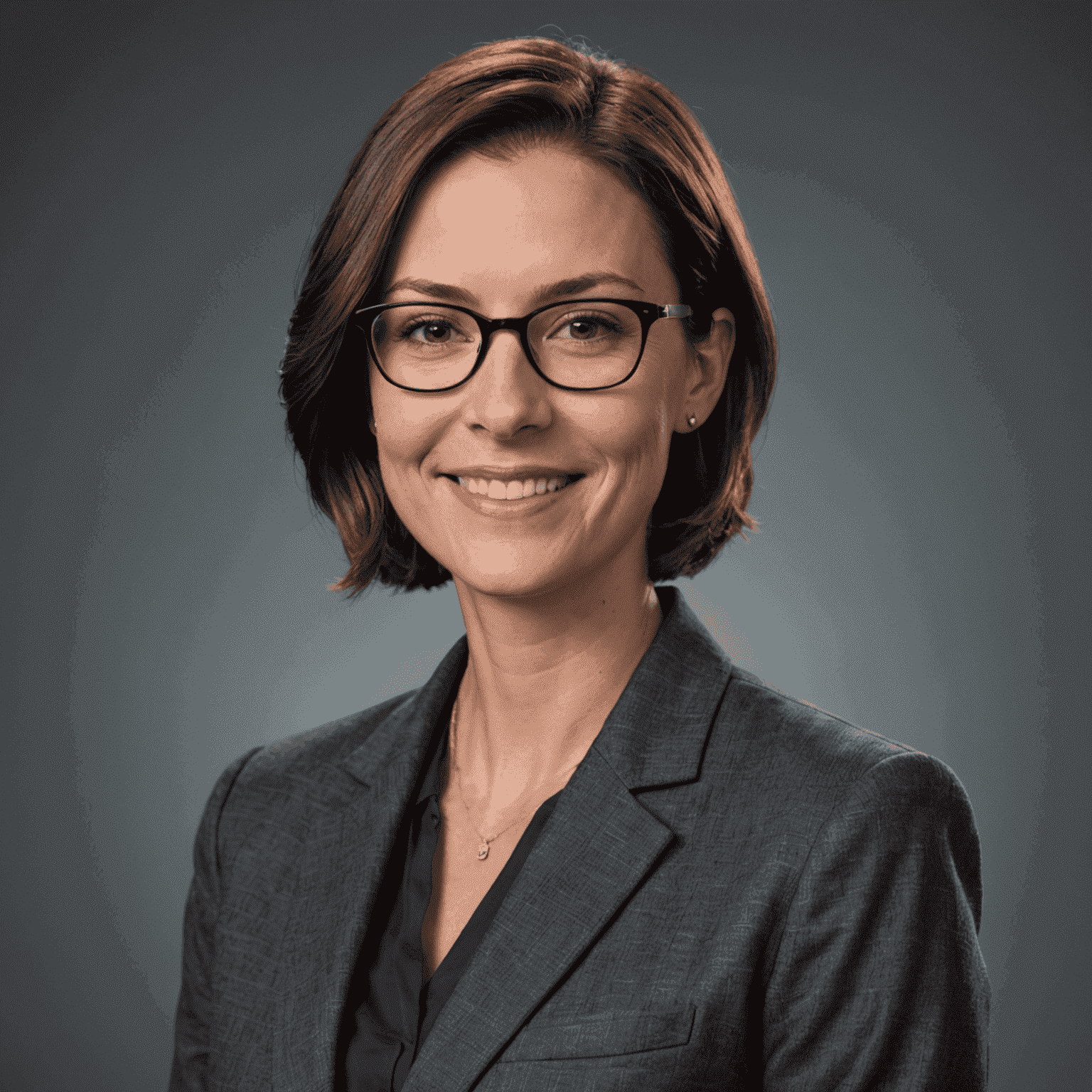 Portrait of Jane Doe, a woman in her early 30s with short brown hair and glasses, smiling confidently at the camera. She is wearing a professional dark grey blazer.