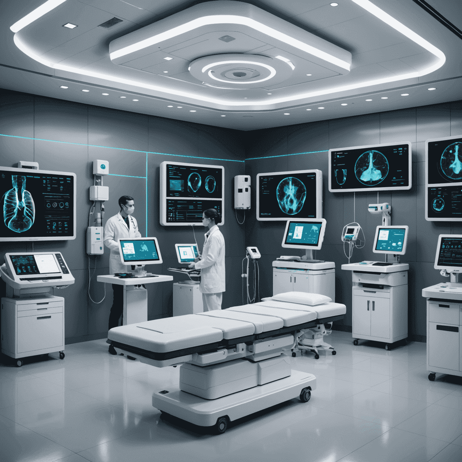 A futuristic medical facility with AI-powered diagnostic equipment and holographic displays showing patient data