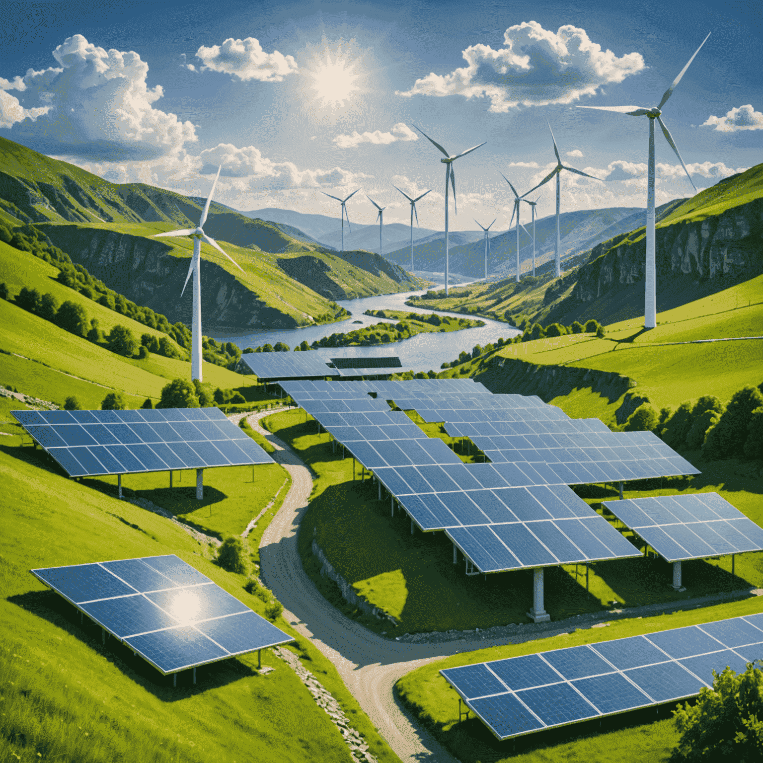 A collage of sustainable energy technologies including solar panels, wind turbines, and hydroelectric dams against a backdrop of a green, thriving landscape