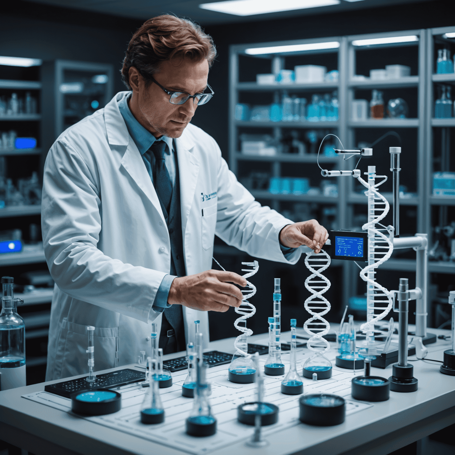 A scientist in a lab coat examining a DNA model, surrounded by advanced biotechnology equipment