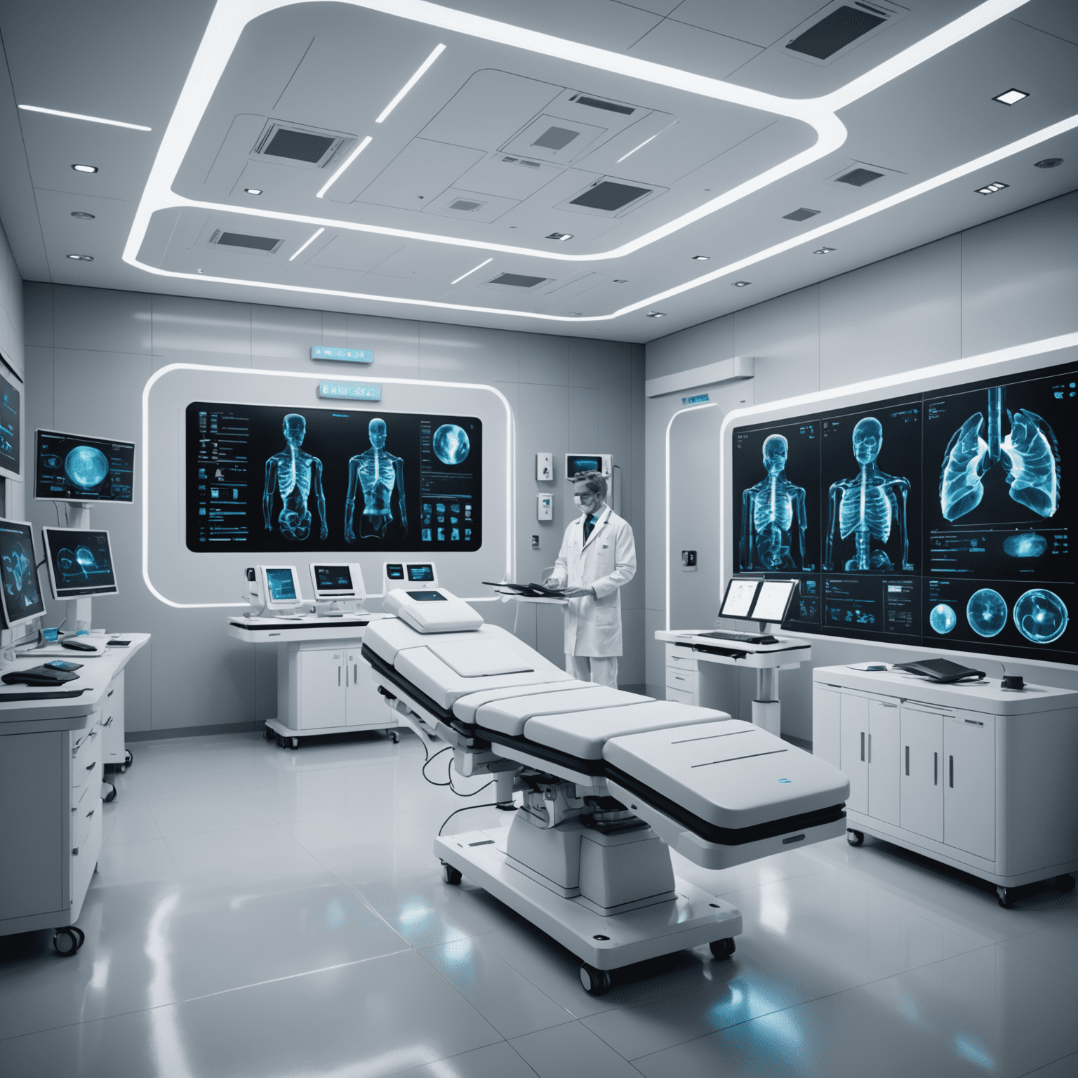 A futuristic medical facility with AI-powered diagnostic equipment and holographic displays showing patient data and treatment plans.