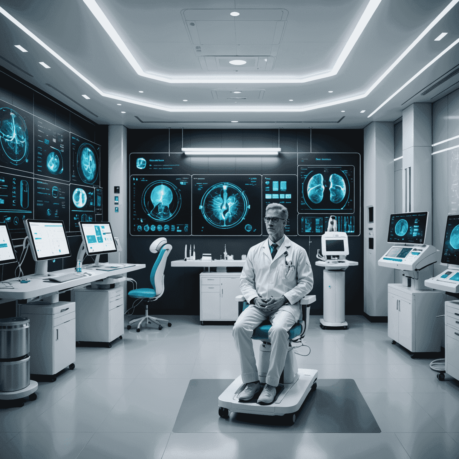 A futuristic medical facility with AI-powered diagnostic equipment and holographic displays showing patient data and treatment plans.