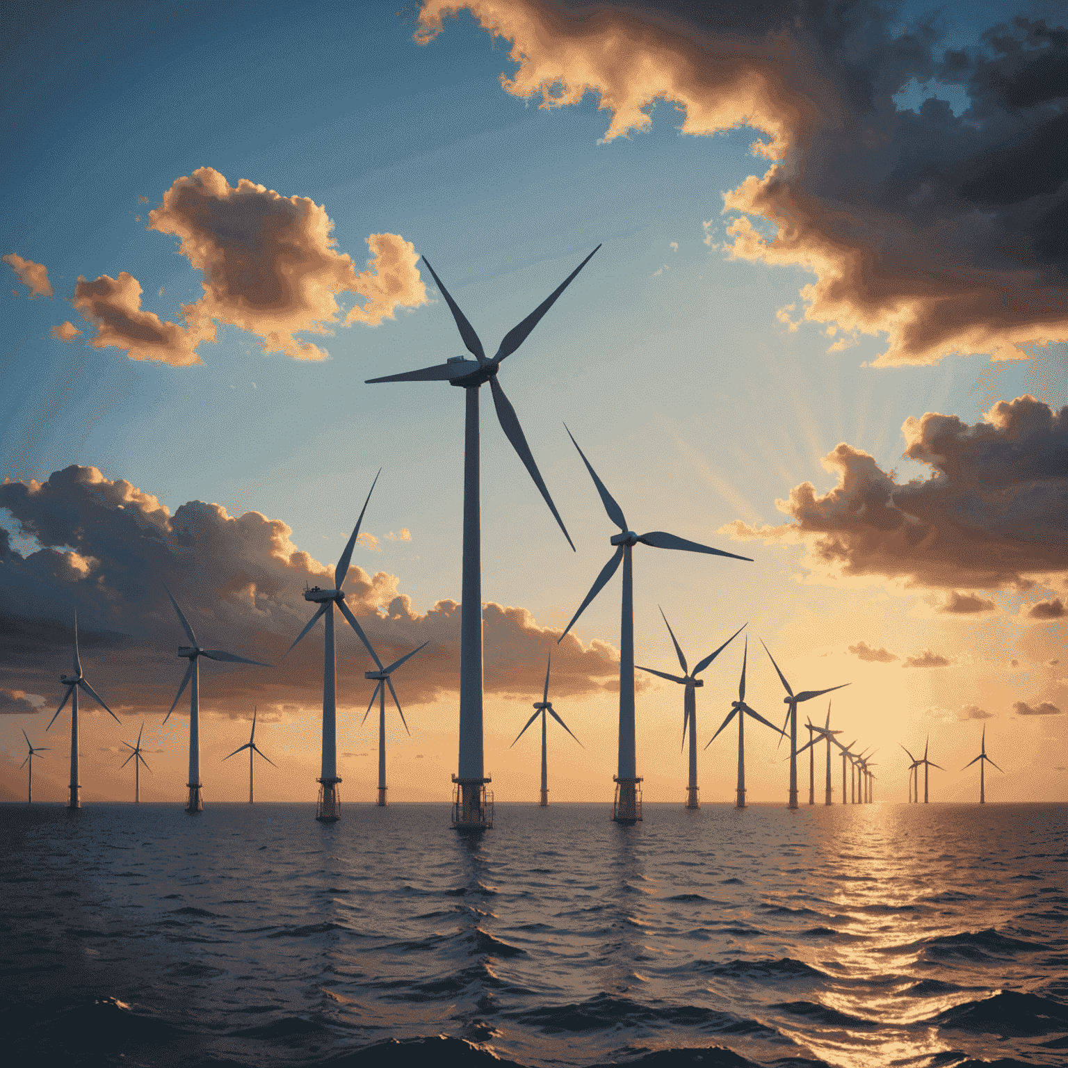 An advanced offshore wind farm with large turbines against a sunset sky, showcasing the scale and beauty of wind energy technology