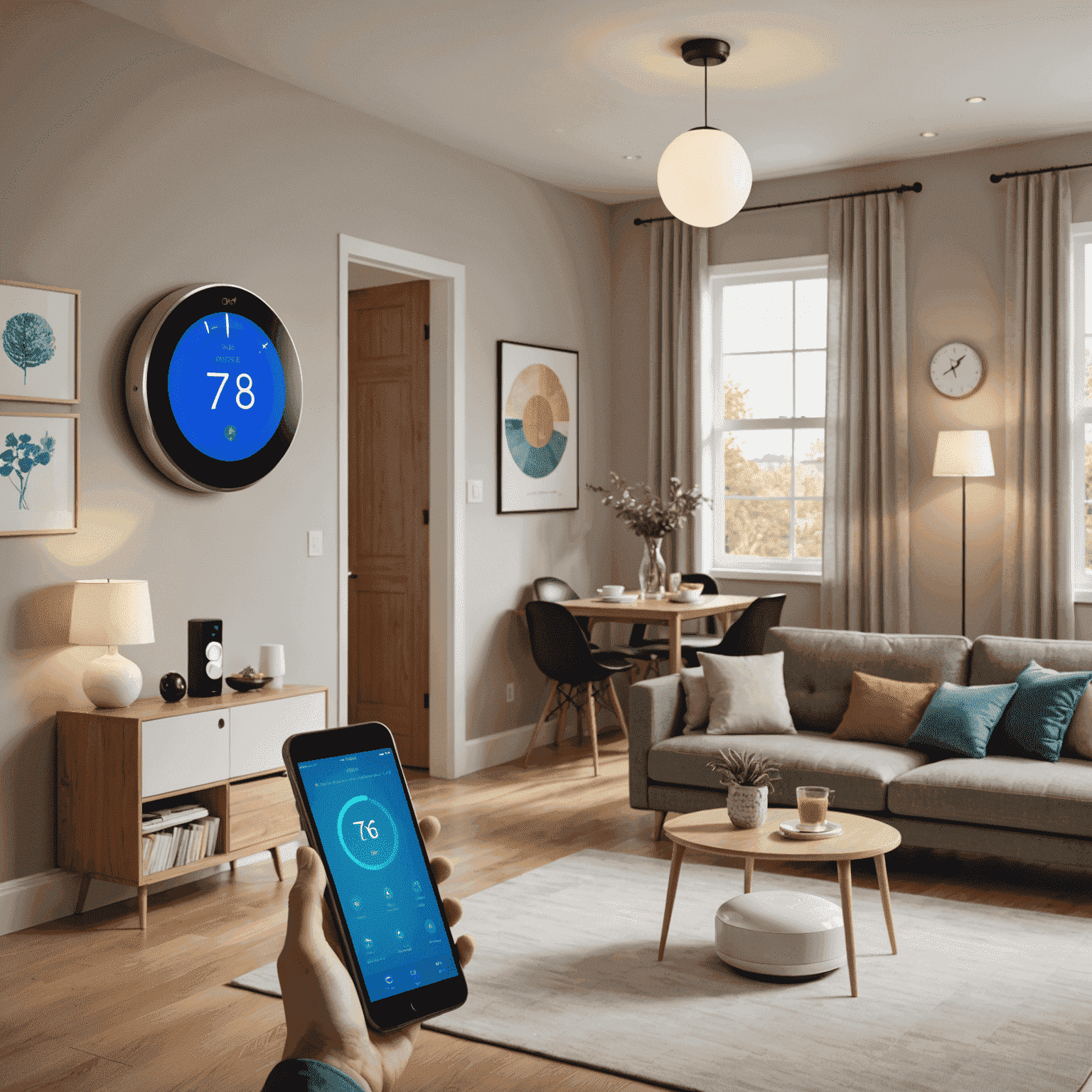 A modern smart home interior with various IoT devices visible, such as a smart thermostat, connected lighting, and a voice-controlled assistant