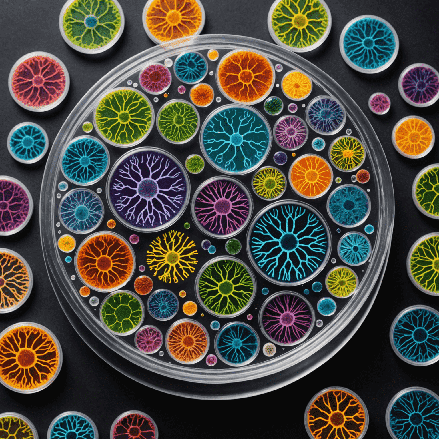 A petri dish containing colorful, engineered bacteria forming intricate patterns, symbolizing synthetic biology