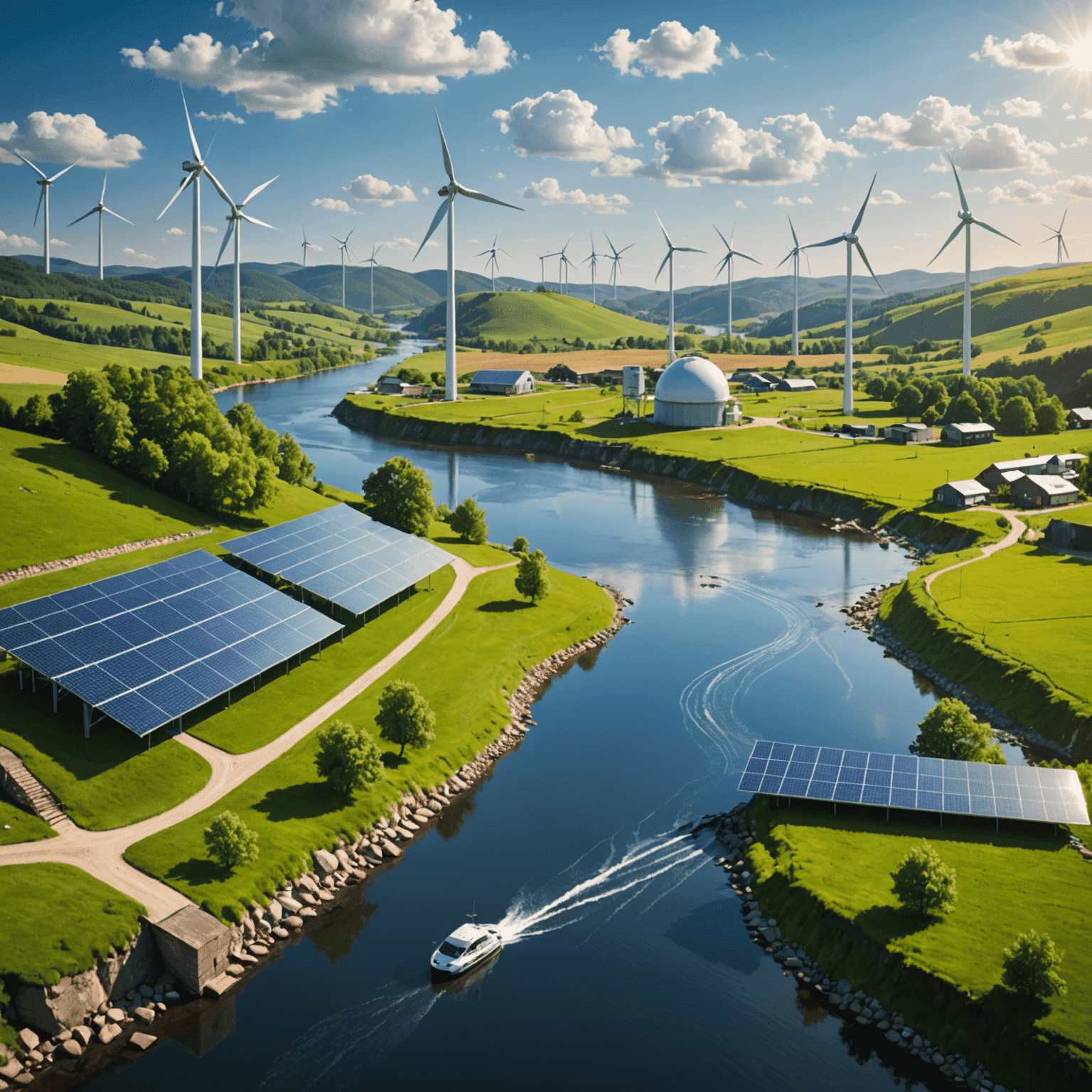 A landscape showcasing various sustainable energy technologies: solar panels, wind turbines, and hydroelectric dams, all working in harmony.