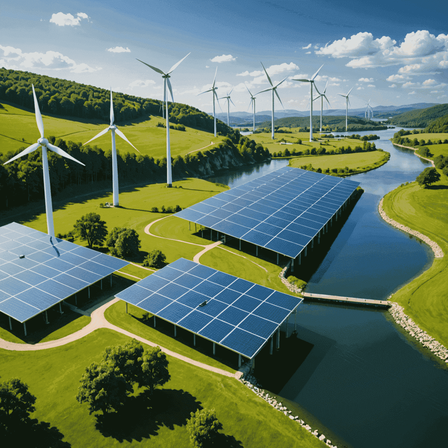 A landscape showcasing various renewable energy sources: solar panels, wind turbines, and hydroelectric dams, all working in harmony.