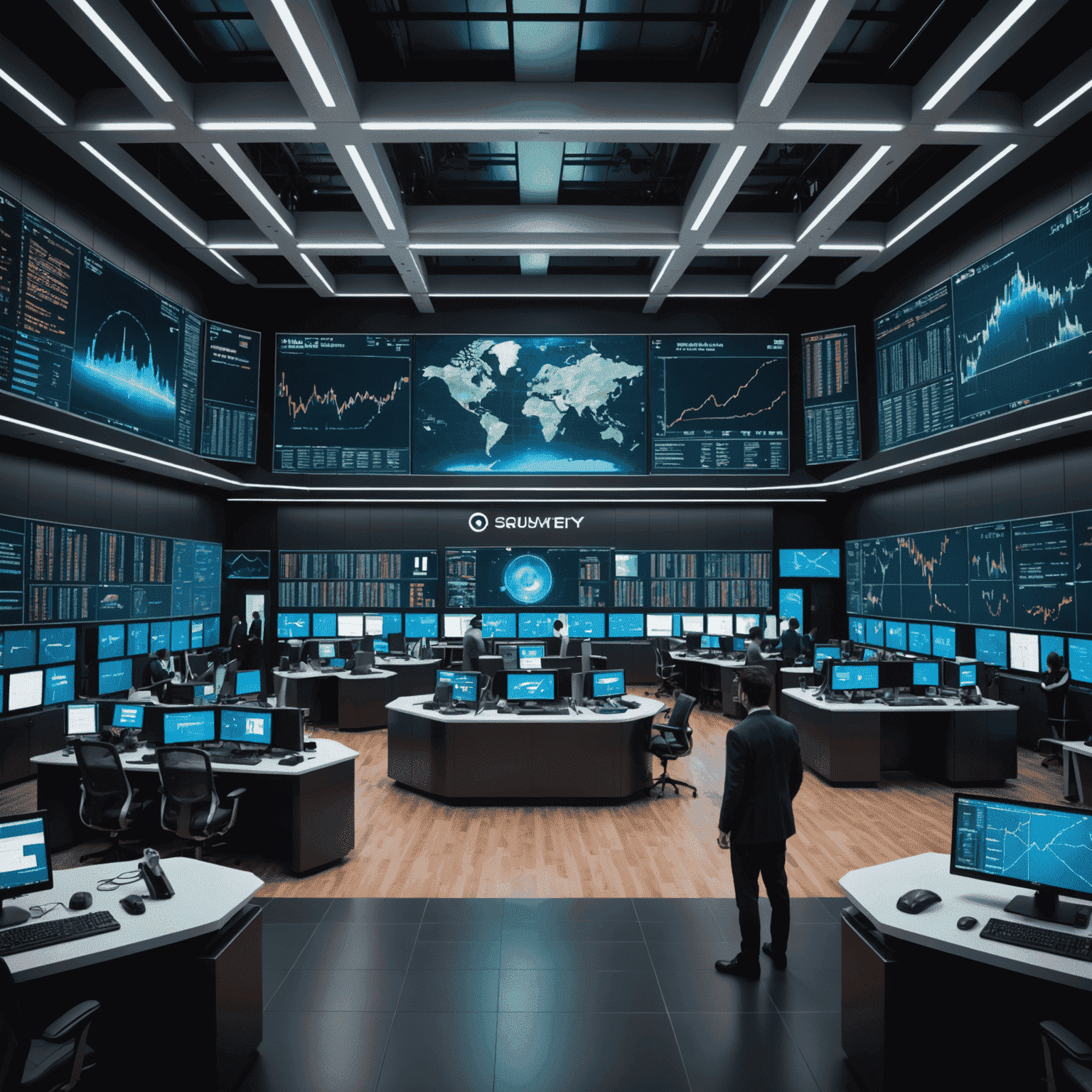 A futuristic trading floor with holographic displays showing complex financial models and real-time market data, powered by quantum computing systems