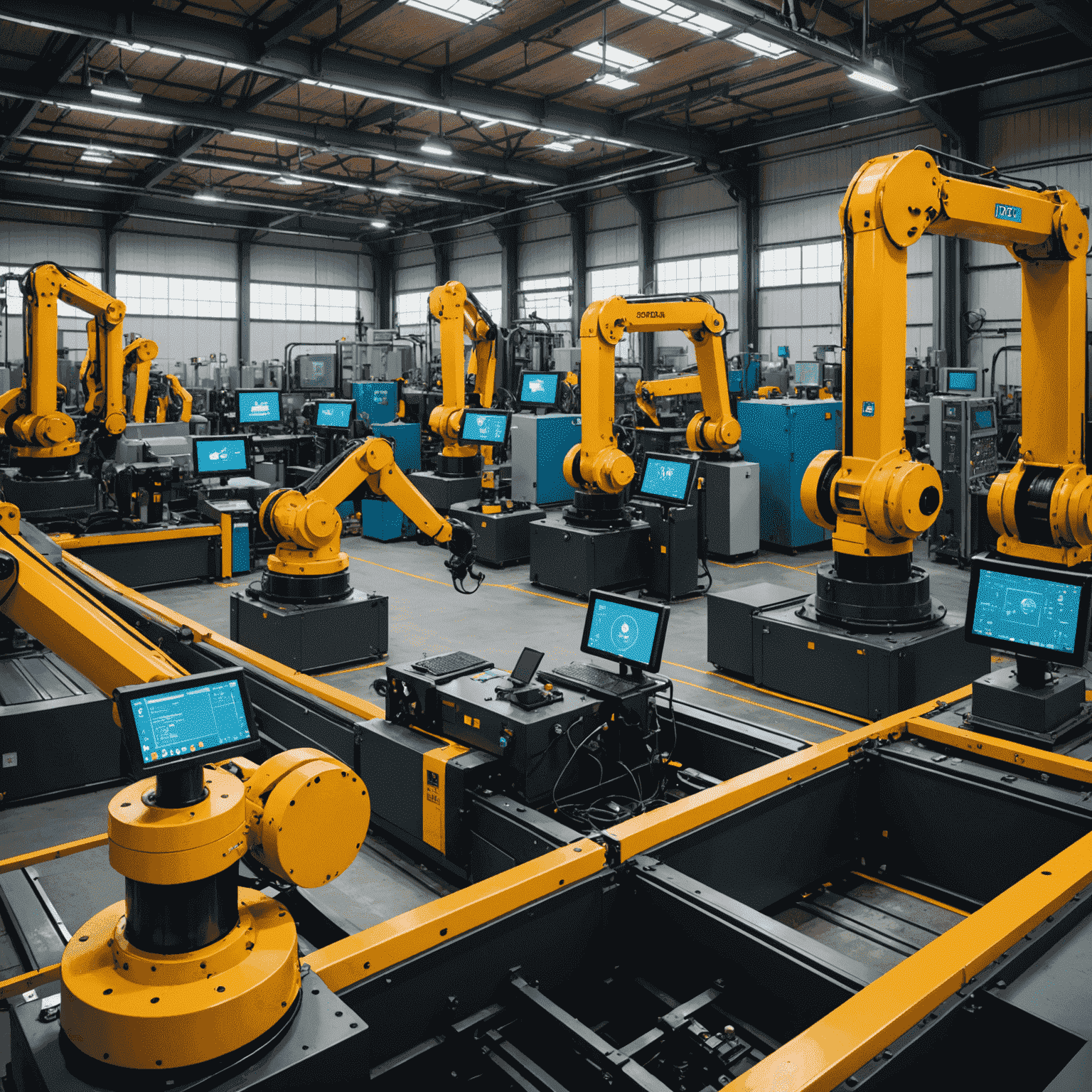 An industrial setting with IoT sensors and devices visible on machinery, conveyor belts, and robotic arms, showcasing the Industrial Internet of Things