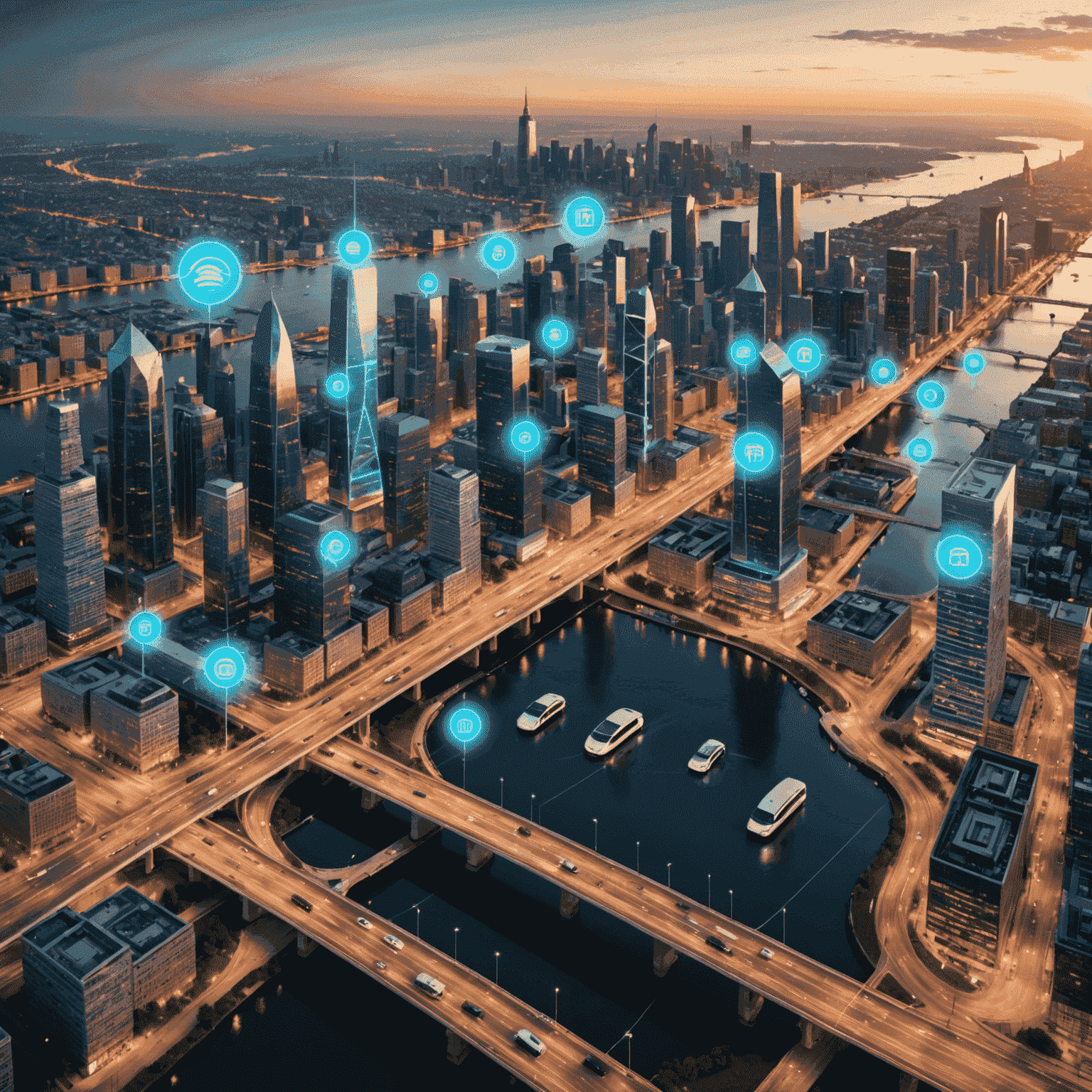 A smart city concept with interconnected devices, autonomous vehicles, and intelligent infrastructure, all communicating via IoT technology.