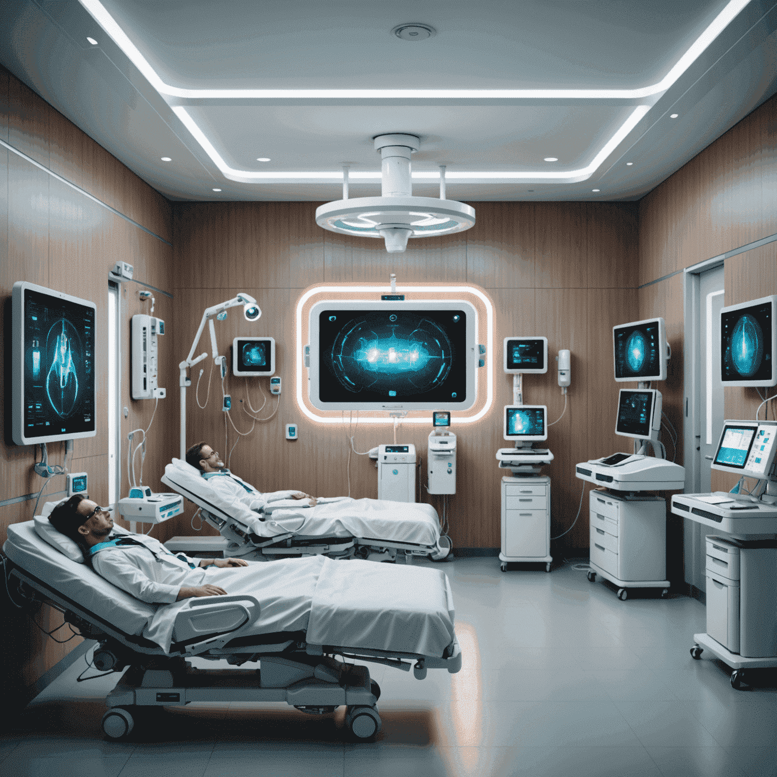 Futuristic hospital room with AI assistants and advanced medical technology