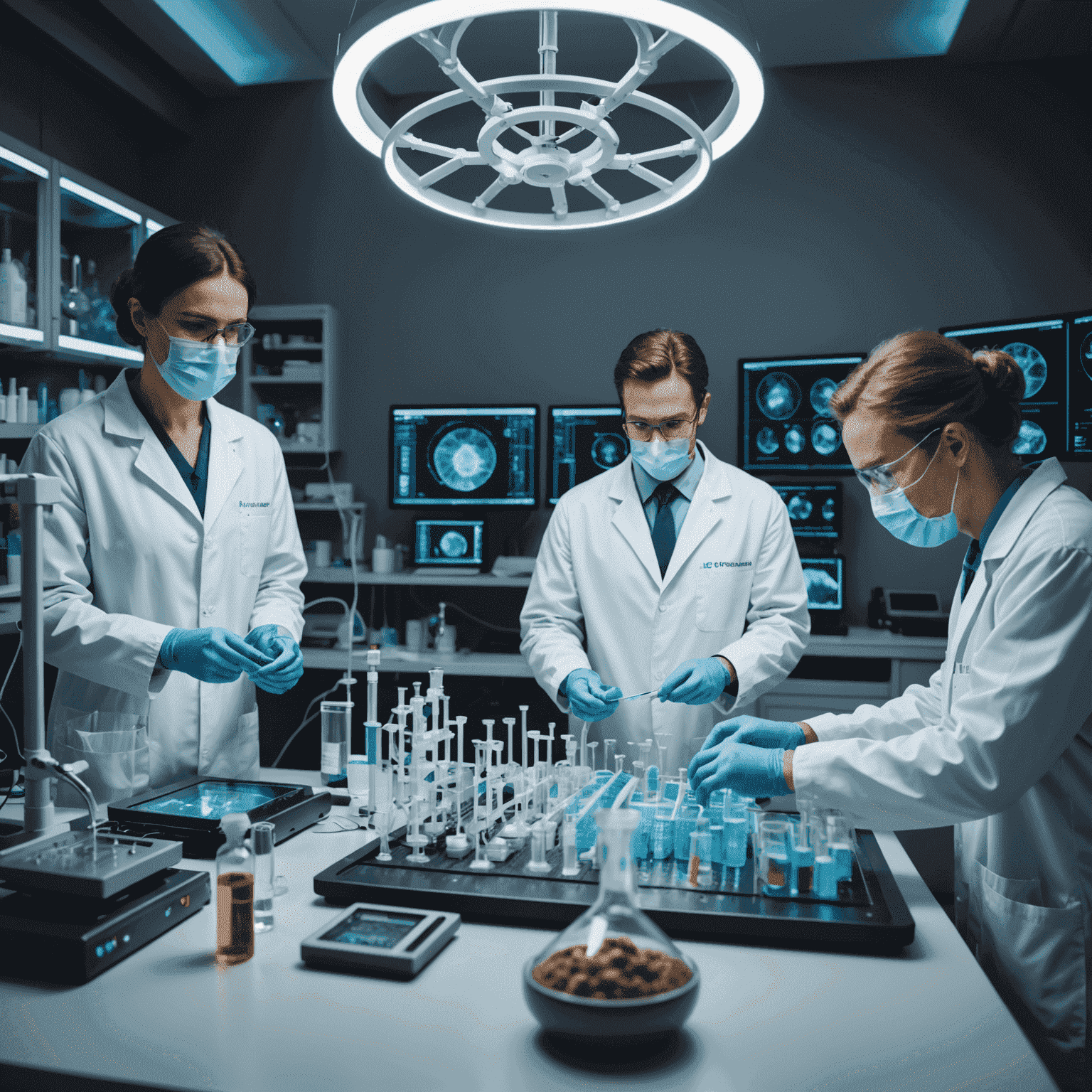 A laboratory setting with scientists using advanced gene editing tools, surrounded by 3D models of DNA and engineered organisms.